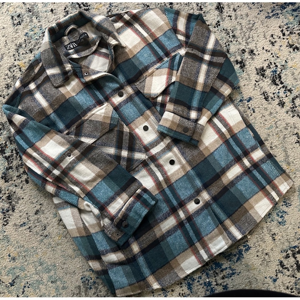 ZARA Plaid Flannel Overshirt Jacket Teal Brown Cream